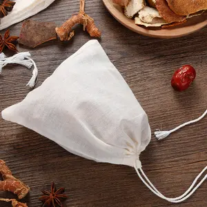 Yeniden kullanılabilir % 100% pamuk % çay poşetleri küçük özelleştirilmiş % büzgülü torba organik üretmek Muslin paketleme çantası Logo baskı ile