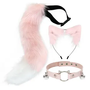 Faux Fur Cat Ears Headband Furry Wolf Fox Long Tail Costume Halloween Party Neck Chocker Cosplay Set