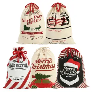 Christmas Customized Santa Gold Plastic Sack Cotton Drawstring Bags Canvas
