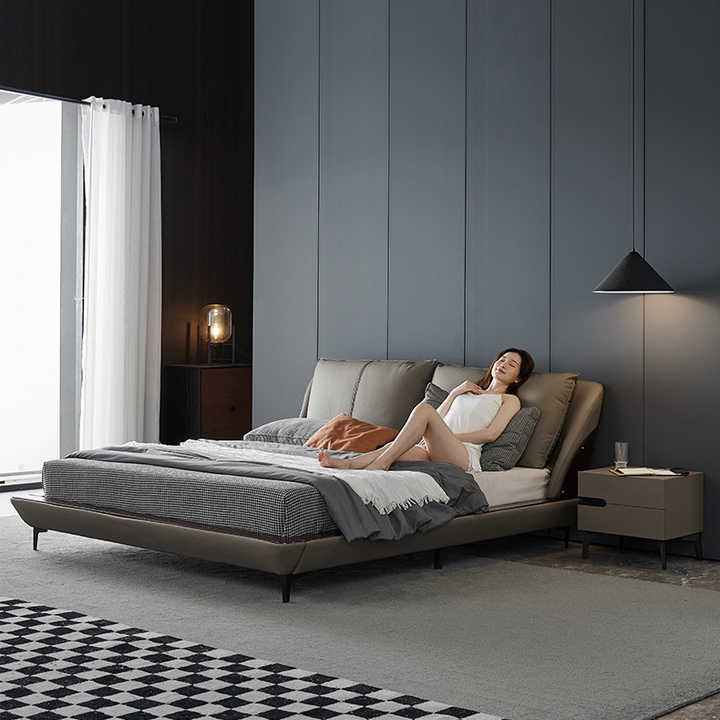 YAEONS Modern Genuine Leather Bedroom Set Luxury King Full Size Solid