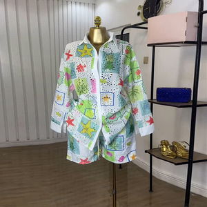 Fashionable Printed Hollow Out Collar Long Sleeve <strong>Shirt</strong> <strong>and</strong> <strong>Short</strong> Pants <strong>Set</strong> <strong>Women's</strong> Summer Cross-Border Clothing Ensemble - Product Image 1