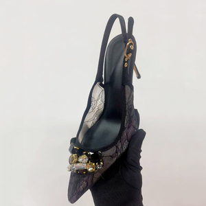 Women High Heels Stiletto Summer Pointed Toe Rhinestones Slingback Shoes Dress on Back Strap Sexy <b>Black</b> Lace <b>Pumps</b> - Product Image 2
