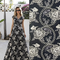 Tissu brodé noir à motif floral de roses, cordon tressé, sequins, doux, vintage, motif circulaire, textile brodé pour filles et garçons