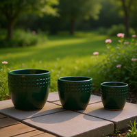 Ensemble de 3 pots de jardin en céramique minimalistes MDJ, ronds, vert foncé brillant, écologiques, pour une utilisation intérieure/extérieure, maison et jardin
