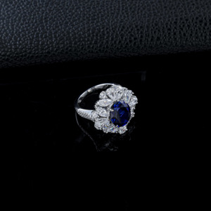 925 Sterling Silver Lab Created Sapphire Oval Cut Floral Halo <b>Statement</b> <b>Ring</b> - Product Image 2