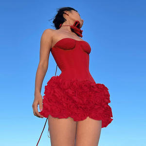 เดรสสั้นเซ็กซี่ลายดอกไม้3D ชุดเดรสแขนกุดเปิดหลังคอวีลึกสีแดงเก๋ๆสำหรับ2025งานปาร์ตี้ตอนเย็นฤดูร้อน - Product Image 4
