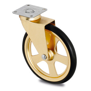 Camarena swivel caster, rubber rim, d105, brass-plated plastic, max. <b>10kg</b>. <b>Plate</b> 50x50. h123. - Product Image 1