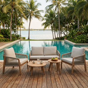Ensemble de meubles d'extérieur de luxe contemporain pliable en bois d'acacia et teck écologique, comprenant un canapé de jardin, une table à manger et des chaises - Product Image 6