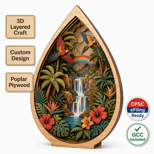 Shadowbox Personalizado con Diseño de Paraíso Tropical en Forma de Lágrima |   Escena de Cascada de Hibisco <span class=keywords><strong>y</strong></span> Macaw Cortada con Láser en Madera Contrachapada de Álamo Multicapa - Product Image 1