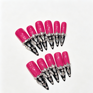 <span class=keywords><strong>Uñas</strong></span> Stiletto <span class=keywords><strong>Rosa</strong></span> Intenso con Puntas Francesas Negras en V y Diamantes <span class=keywords><strong>de</strong></span> Imitación, <span class=keywords><strong>Uñas</strong></span> Postizas Hechas a Mano <span class=keywords><strong>de</strong></span> ABS, 10 Piezas, <span class=keywords><strong>Uñas</strong></span> Stiletto con Puntas Negras - Product Image 2