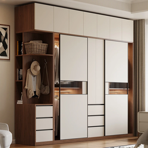 Armoire moderne en bois grainé sur mesure, placard de chambre personnalisé, meuble de rangement avec portes coulissantes et étagères - Product Image 1