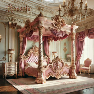 Europäischer Königlicher Klassischer Stil Rosa Samt Kopfteil Schlafzimmer Massivholz Elegantes Prinzessinnen-Bett Himmelbett - Product Image 1