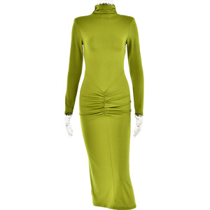 Vestido Midi Fruncido de Manga Larga con Cuello Alto para Mujer, Vestido de Noche a la Moda con Cintura Natural y Ajuste Cómodo - Product Image 5