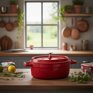 Casseruola ovale con coperchio rosso, cocotte da 3,5 litri in ghisa smaltata per uso in forno - Product Image 3