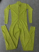 Combinaison Jaune Néon à Strass Manches Longues, Style Futuriste Alien, pour Festival, Gogo Showgirl, Drag Queen, Costume de Danse - Vente en Gros