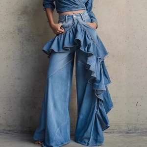 Vaqueros asimétricos con volantes y empalmes, de cintura alta, estilo europeo y americano, largos hasta el suelo para mujer, vaqueros anchos lavados. - Product Image 4