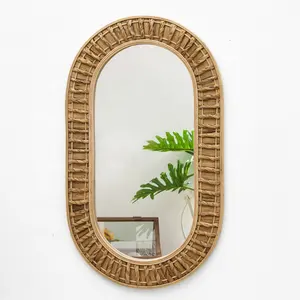 Boho Water Hyacinth Straw Weaving Wall Mirror Bamboo Decorative Mirrors Wall Decor Ins Hot Oval Mirror Living Room Nordic