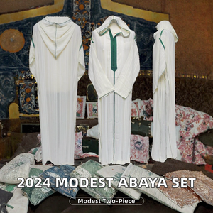 2024 New Arrival Modest Women Silk Handmade Breathable Long Sleeve 2-Piece Abaya Muslim <b>Blouse</b> Pants Suits Kimino Set Islamic - Product Image 2