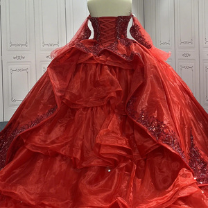 Robes de bal de Quinceañera traditionnelles en satin rouge avec des appliques de cristal et des perles, style princesse, pour LSMU14 - Product Image 5