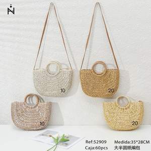 Bolso grande semicircular de papel tejido de 35x28cm, bolso de paja hecho a mano para mujer, bolso de playa de verano - Product Image 3