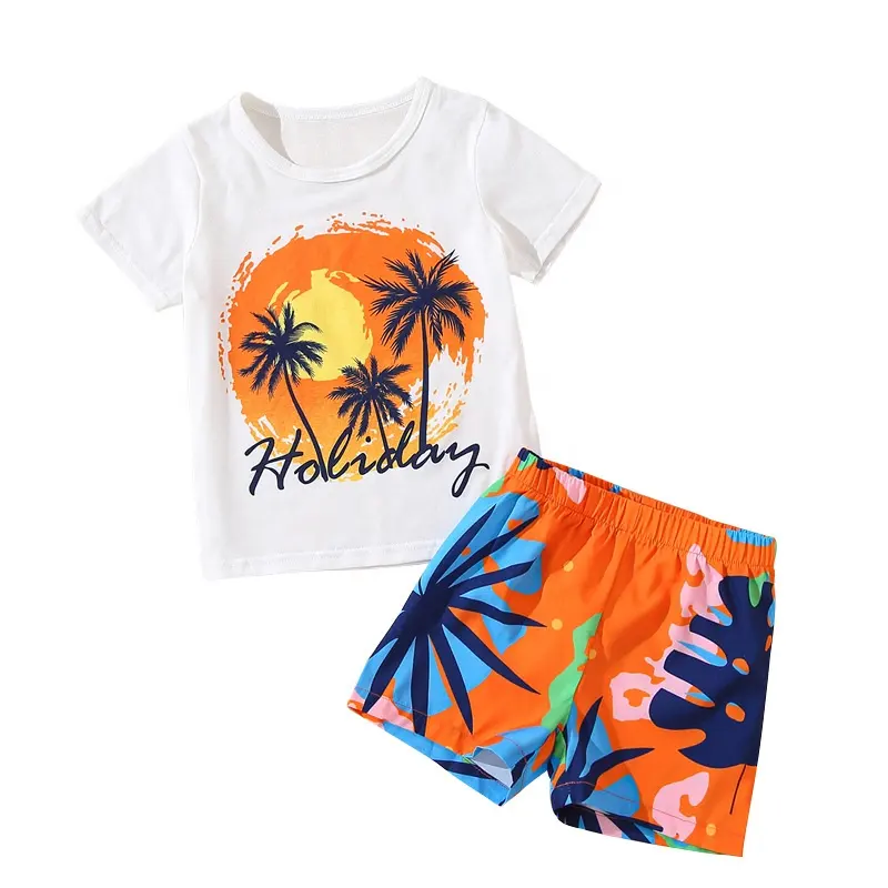 هاواي عارضة أزياء الأطفال الجديد تي شيرتات قصيرة الاكمام جوز الهند طباعة س الرقبة تي شيرت وبناطيل قصيرة في الأطفال الصغار دعوى الصيف
