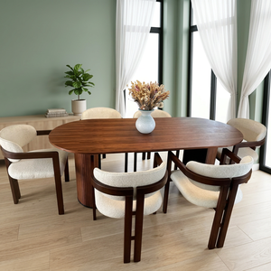 Luxury Modern Oval Solid Teak Wood <b>Dining</b> Table <b>Set</b> Fluted Pedestal Base Upholstered Curved Back Chairs Home Furniture - Product Image 2
