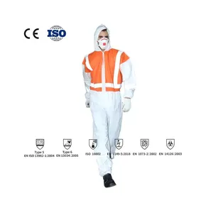 OEM ODM Disposable Coverall type 5/6 Full Body Suit Disposable Isolation Clothing with Hooded   Elastic Cuff