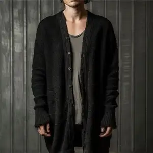 Cashmere Wool Mohair Plus Size Sweater Cardigan Black Open Botton Cotton Distressed Acid Washed Cardigan