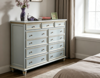 Commode traditionnelle en bois massif bleu clair à 10 tiroirs avec garniture et boutons dorés, multi-usages pour le rangement de la chambre