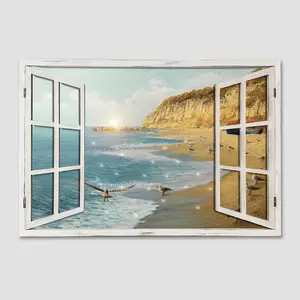 Custom hot sale seaside painting wooden window frame wall art decor with lights dining room wall decor