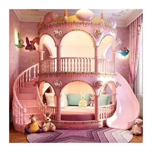 OEM Princess Castle ranjang susun tempat tidur Bunker mewah Set furnitur kamar tidur merah muda dan emas untuk anak perempuan dengan lemari pakaian besar anak laki-laki kembar