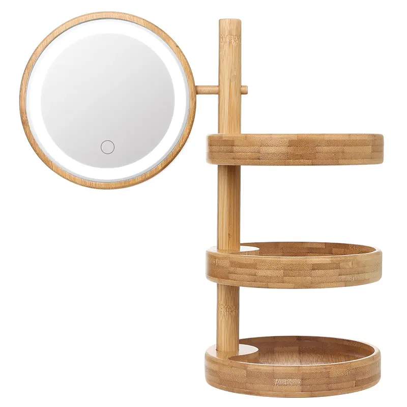 Miroir en bois de bambou à trois couches de lumière LED de stockage de bureau miroir de maquillage en bois rotatif à lumière supplémentaire à 360 degrés