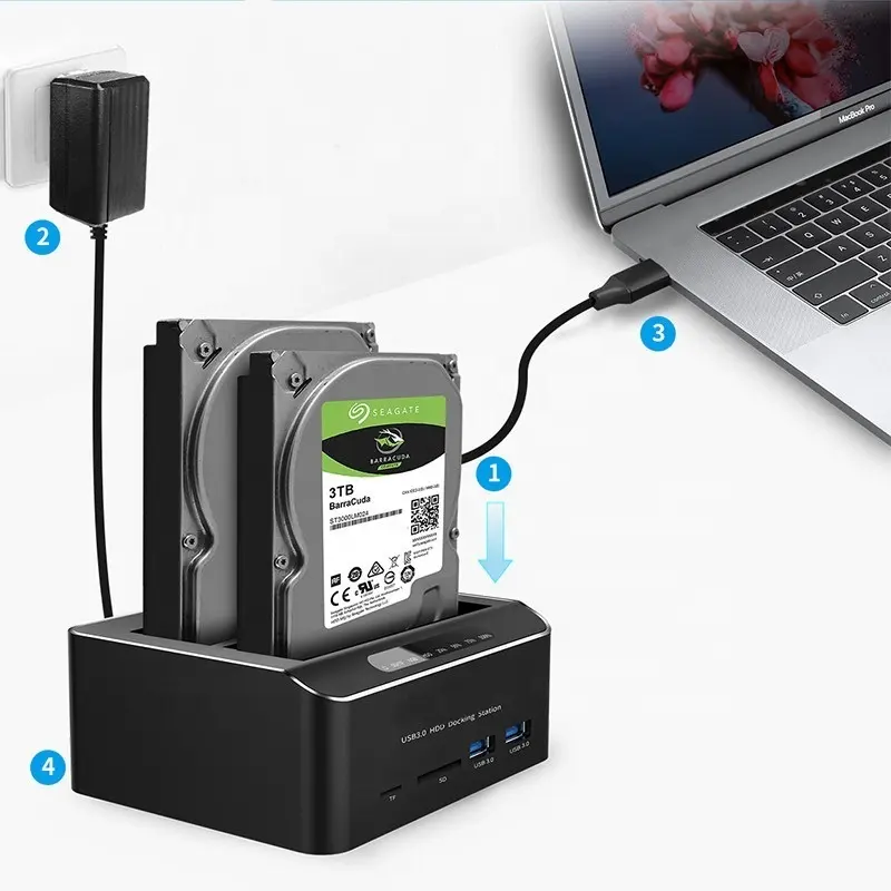USB 3.0 to sata 2 bay external hard drive enclosure with SD TF Card Reader for 2.5 & 3.5 Inch HDD SSD