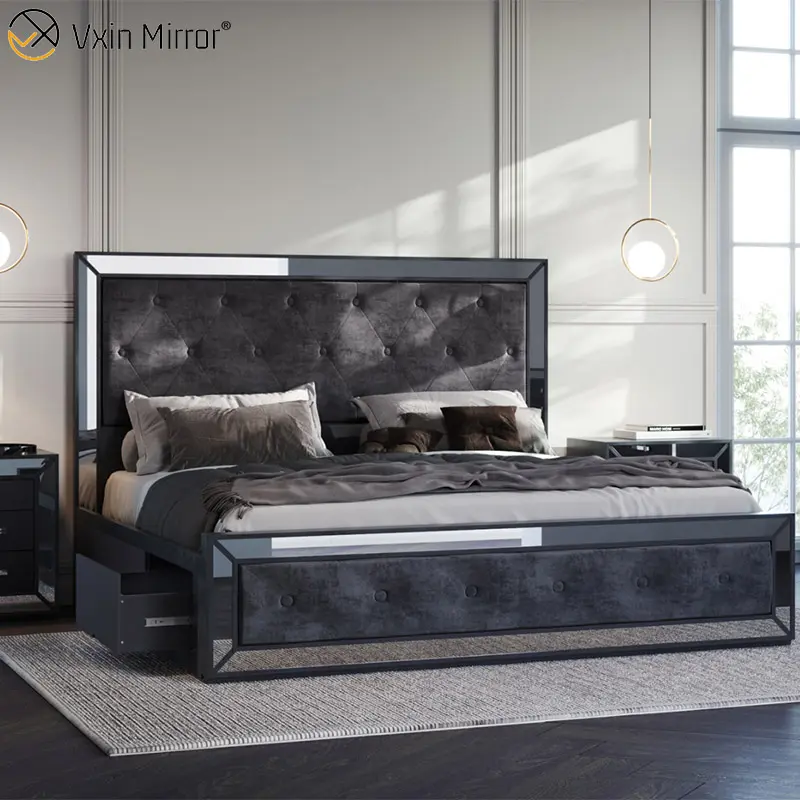 Factoryh Antique mirror bed Furniture WXF-1013 king bed black mirror frame silver mirrored bedroom set super Bed for bedroom