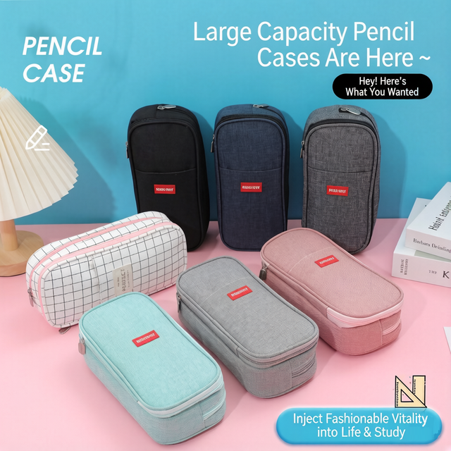 High Aesthetic Pencil Case, Large Capacity Student Stationery Box, Cross-border Double-layer Canvas Solid Color Pencil Pouch