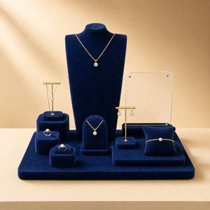 Zebopak Juego completo de exhibición de joyas de terciopelo azul zafiro con busto para collares, soporte de arco, caja para anillos, barra en T y almohada para pendientes - Product Image 1