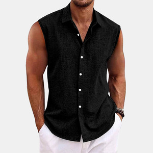 Nouvelle chemise décontractée pour <span class=keywords><strong>homme</strong></span> style européen et américain 2026, col en V uni, coupe ample, boutonnée, en coton et lin - Product Image 3