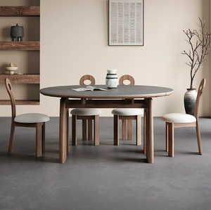 Mid Century Modern Wood Sintered Stone Dining <strong>Table</strong> Foldable Extendable Convertible Round <strong>Table</strong> for <strong>Small</strong> Household - Product Image 3