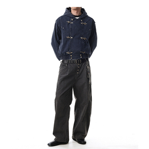Neue Trendige Marke Amerikanische Retro Heavyweight Washed Distressed Denim-Jacke mit Flugzeugknöpfen, Überzieher und Motorrad-Stil - Product Image 4