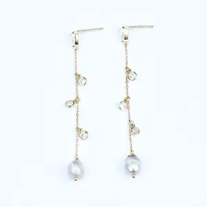 925 Sterling Silver Gold Filled Baroque Pearl Cubic Zircon Long Tassel Earrings