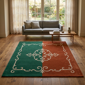 Tapis rectangulaire classique avec motif médaillon vert et orange, tissé à la main, avec envers en latex, pour salon - Product Image 4