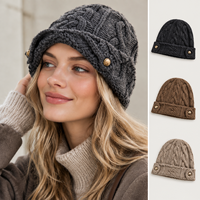 Bonnet en tricot torsadé texturé avec boutons dorés de luxe – Chapeau d'hiver élégant et chaud en laine coupe-vent pour les sorties en automne et en hiver