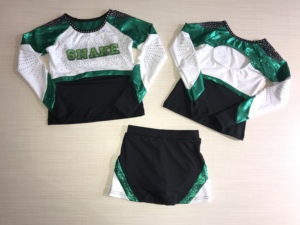 Tenue de cheerleading vert forêt et blanc avec strass, manches longues et <span class=keywords><strong>jupe</strong></span>, idéale pour les matchs de basketball et les rassemblements d'encouragement - Product Image 2