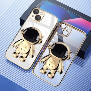 high quality plating transparent tpu pc phone case astronaut folding bracket phone case for iphone 13 14 pro max case