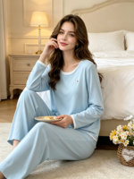 Pyjama en Fibre de Bambou pour Femme - Taille Élastique Respirant Doux Confortable Luxe Tricoté Automne/Printemps Décontracté Uni Manches Longues