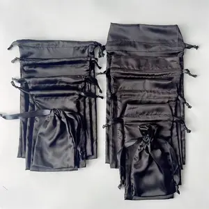 Tas kemasan satin hitam dengan logo kustom tas rambut satin tas hadiah logo kantong tas satin untuk tali ganda