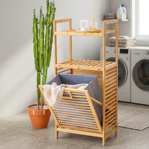Panier à linge multifonctionnel en bambou moderne ERKUGO EKG56 de qualité supérieure, 2 étagères, pour usage domestique, 40x30x95cm, fabriqué en Turquie - Product Image 2