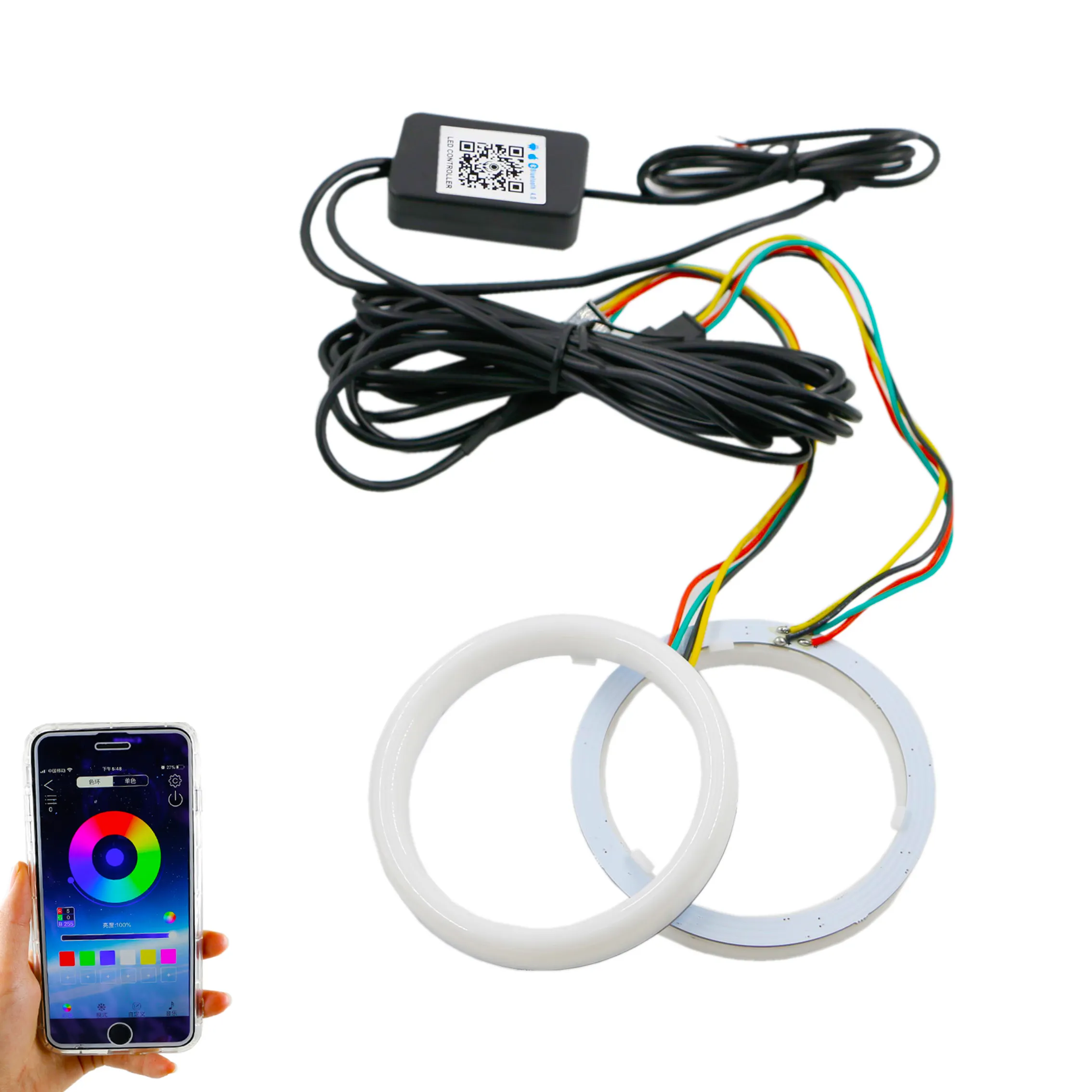 Anneaux de Halo RGB pour voiture, yeux d'ange, téléphone intelligent, iOS, Android, application de contrôle, Led multicolore, anneau de lumière, lampe de phare