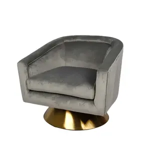 热销新零售产品灰色旋转接待扶手椅现代天鹅绒椅子，带圆形不锈钢底座