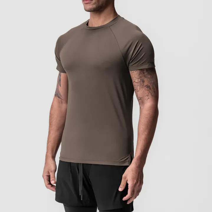Erkek egzersiz aktif giyim giyim üreticileri özel mütevazı kuru Fit O boyun kısa kollu Polyester antrenman kıyafeti gömlek erkekler için